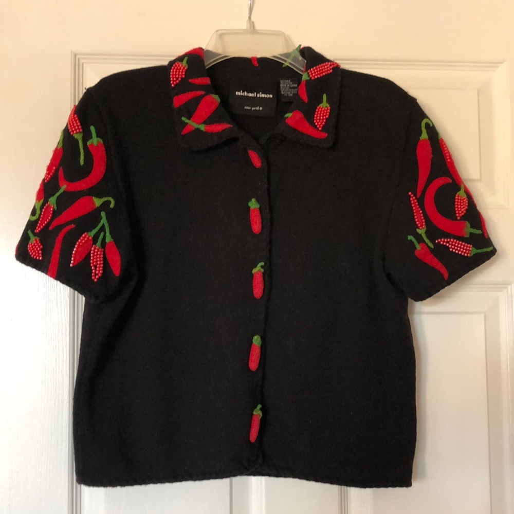 Michael Simon Cardigan Spicy Hot Peppers Beaded Wearable Art Sweater. 1998.